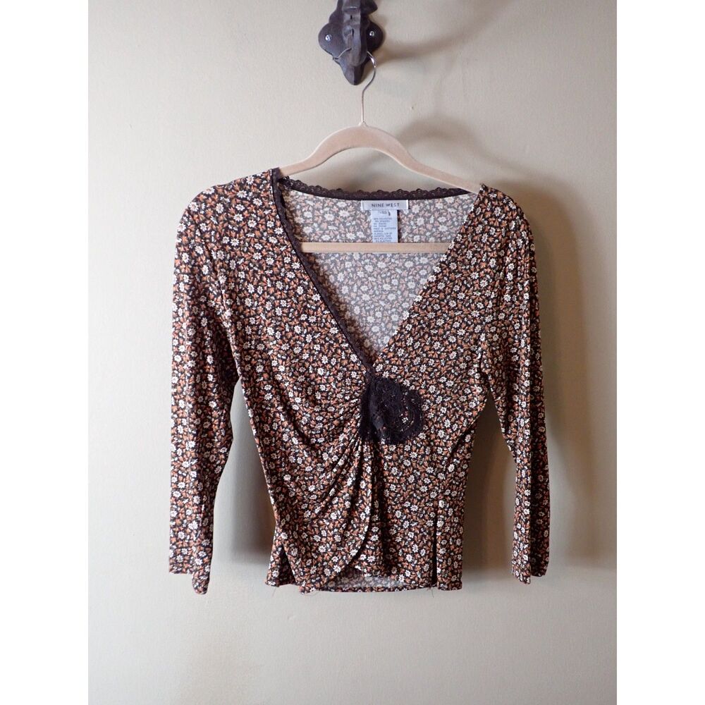Nine West Top Y2K Brown Ditsy Floral Mesh V Neck Cinch Lace Blouse M Vintage